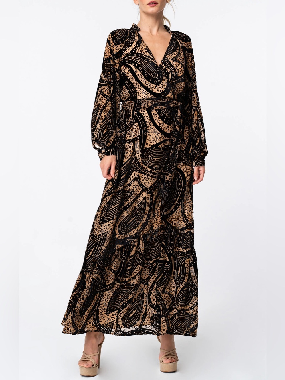 Ciebon Aria Tie Belt Long Sleeve Burnout Faux Wrap Velvet Dress Black Medium